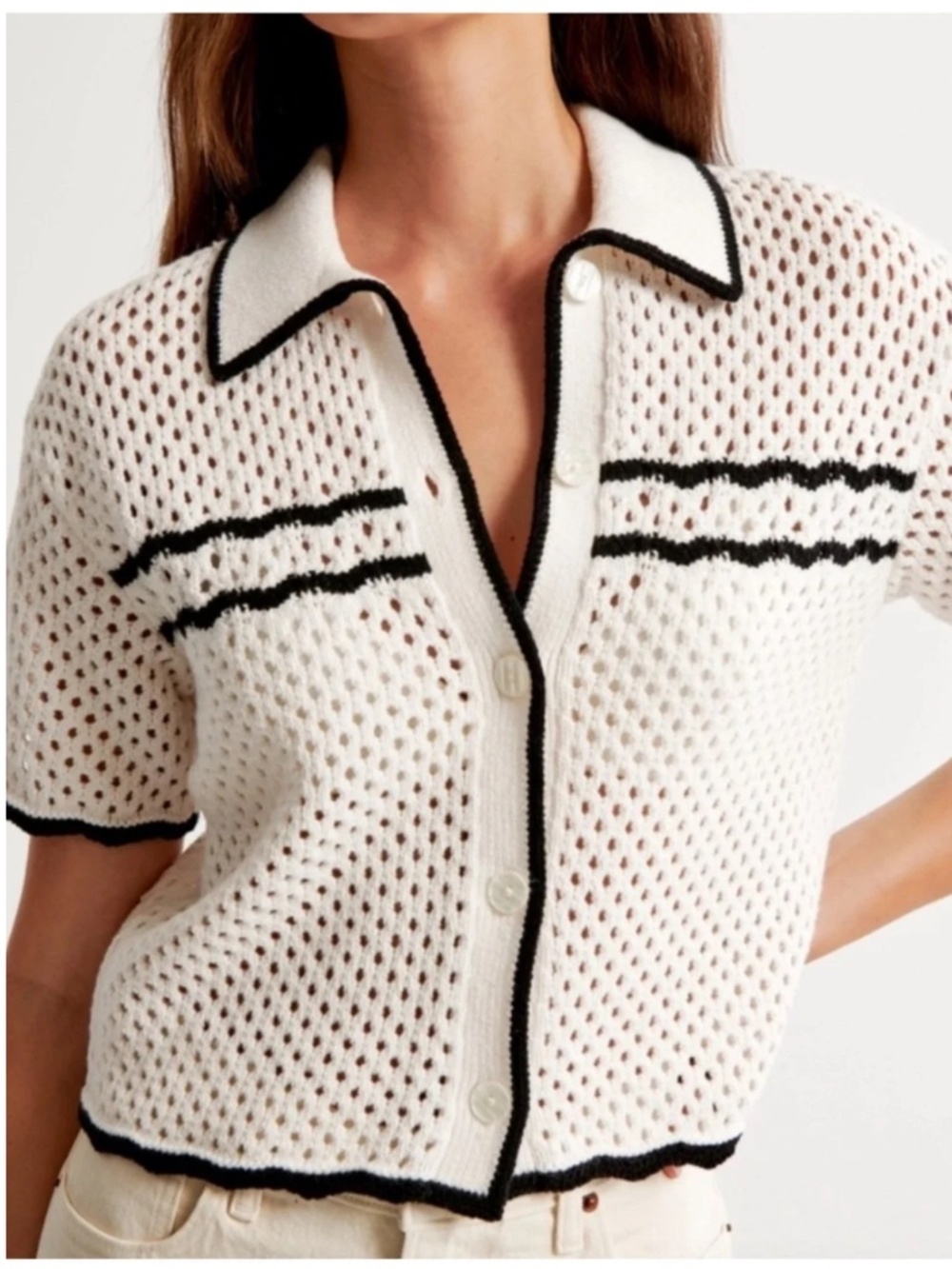Abercrombie & Fitch Cream Crochet-Style Button-Up Polo